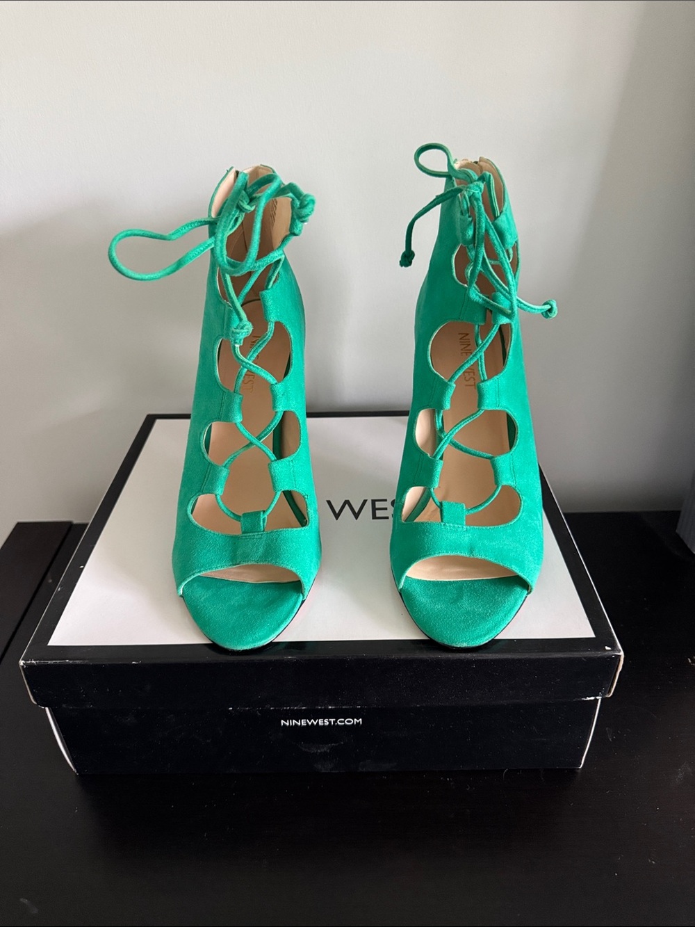 Nine West Teal Green Suede Lace-Up Peep-Toe Ankle Heels - Picture 2 of 5